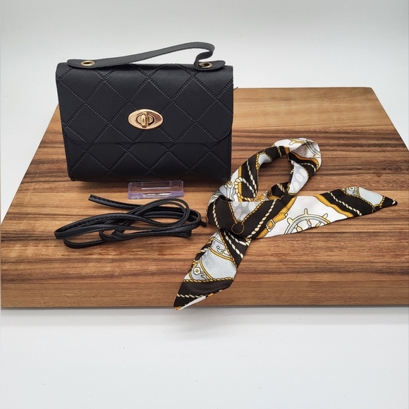 Handbags - Black Faux Quilted Handbag With Detachable Strap And Scarf For Handle